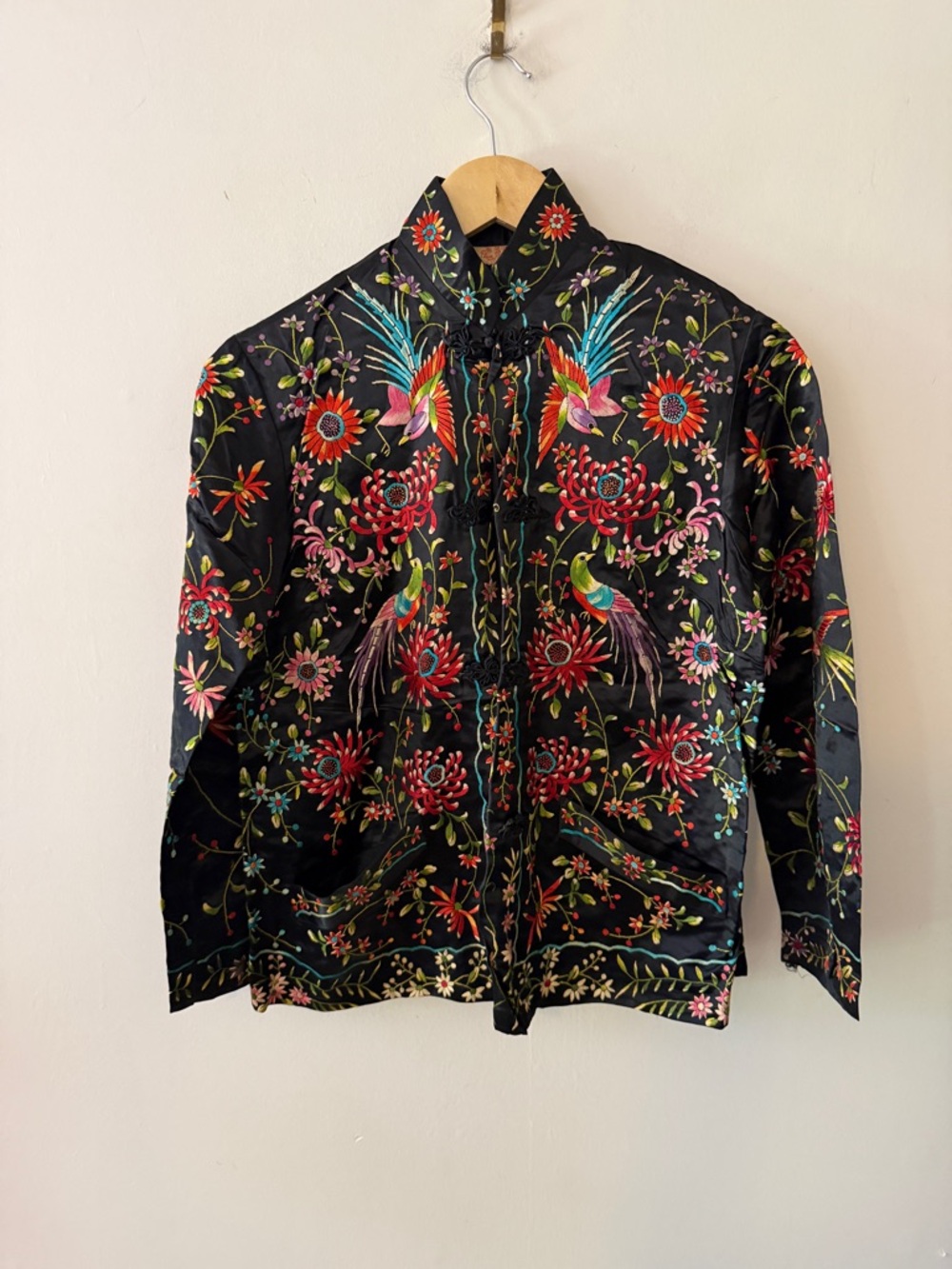Vintage Plum Blossoms Exquisite Embroidered Asian Black Satin Silky Jacket